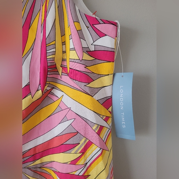London Times Women's Stretch Cotton Palm Print Dress Colorful Yellow/Pink 10 NEW - Picture 5 of 16